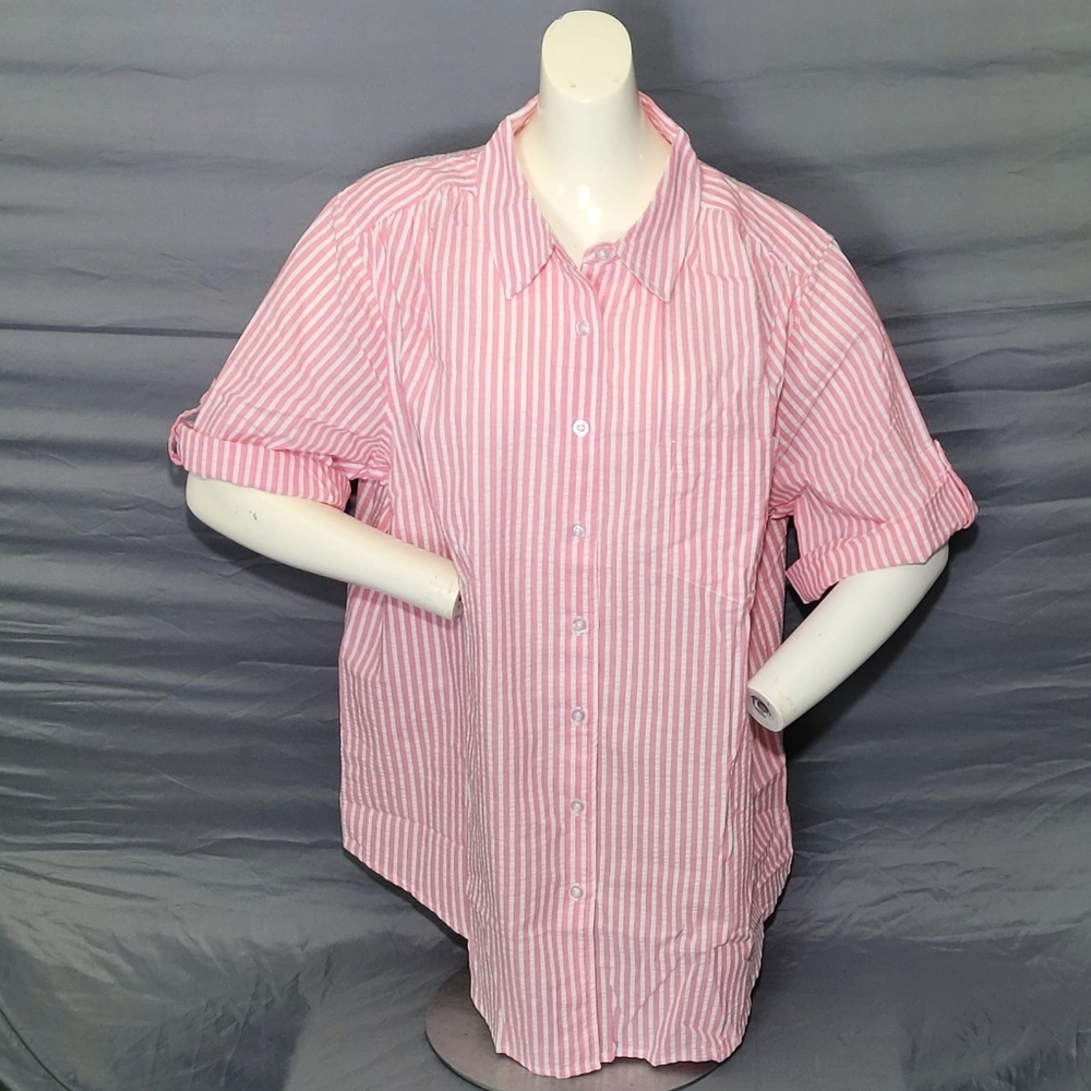 Woman Within Striped Rolled Sleeves Blouse